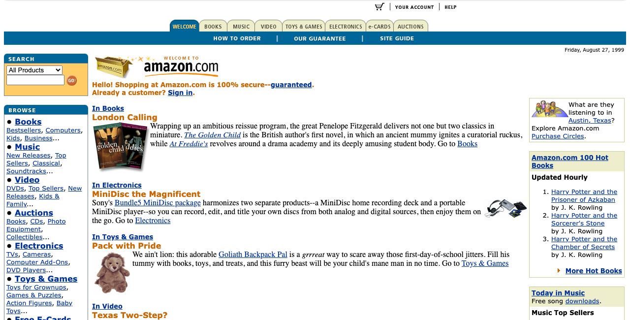 Cropped public archive screenshot of the 1999 Amazon homepage with search, browse links, product modules, and help links.