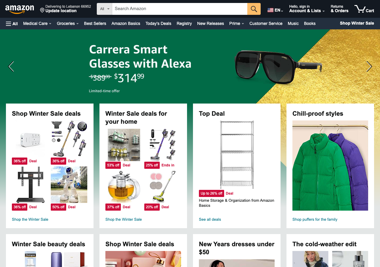 Cropped public archive screenshot of the 2024 Amazon homepage showing a prominent search header and dense deal card grid.