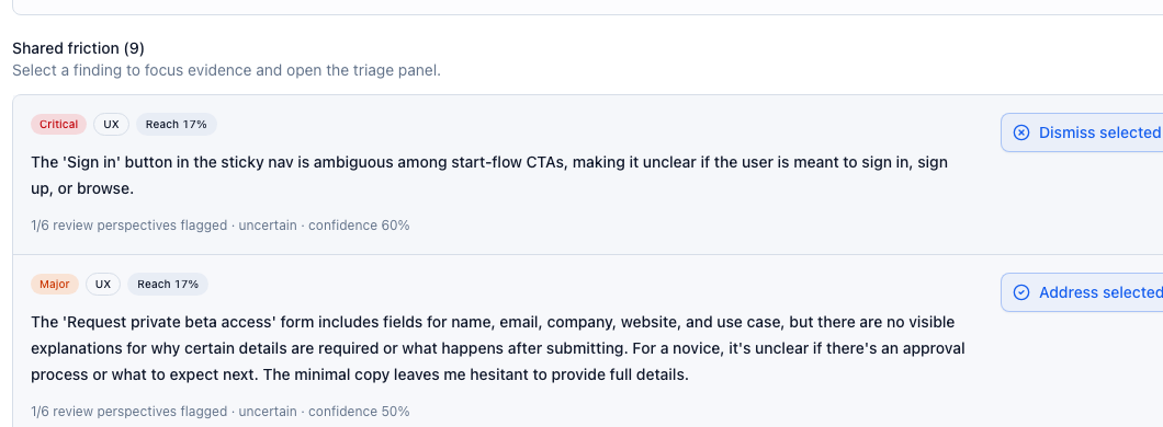 Flock review detail shared friction rows with severity, affected users, and review decision controls.